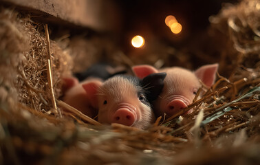 Three Pink and Black Piglets Sleeping in Hay Nest