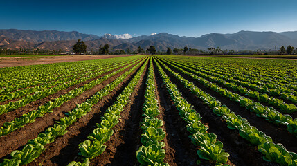 Vibrant Green Lettuce Field Under a Clear Blue Sky
