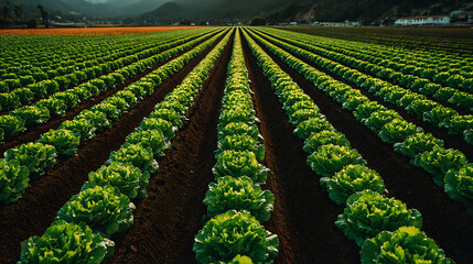 Vibrant Green Lettuce Field at Sunset, Rows of Crops in Rural Landscape