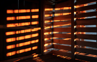 Warm Orange Light Streaming Through Wooden Slats in Rustic Building Interior