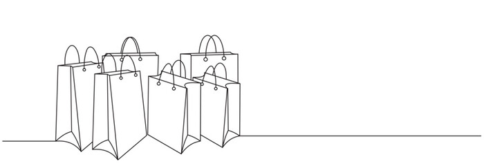 Collection of shopping bags in continuous line drawing style. Minimalist black linear sketch of paper packaging isolated on white background. Vector illustration.