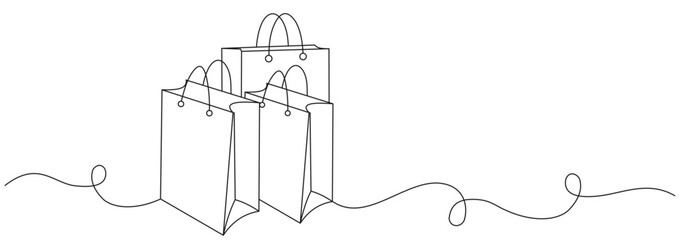 Shopping bag in continuous line art drawing style. Paper package minimalist black linear sketch isolated on white background. Vector illustration
