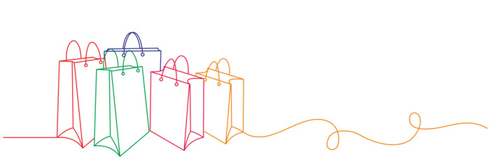 Collection of shopping bags in continuous line drawing style. Minimalist black linear sketch of paper packaging isolated on white background. Vector illustration.