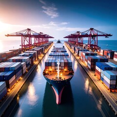 Naklejka premium Cargo ship in a harbor at sunset