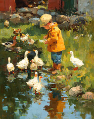 Young Boy Feeding Ducks by a Pond on a Sunny Farm