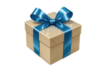 Obraz premium Golden gift box, blue ribbon adorning surface, highlighting festive packaging against clean transparent backdrop