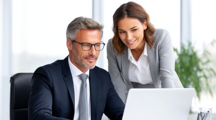 Obraz premium A business meeting scene featuring a man and a woman collaborating over a laptop, showcasing teamwork and professional interaction in a modern office.