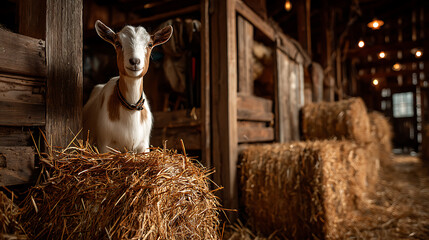 Young Goat Sitting on Hay Bale in Rustic Barn