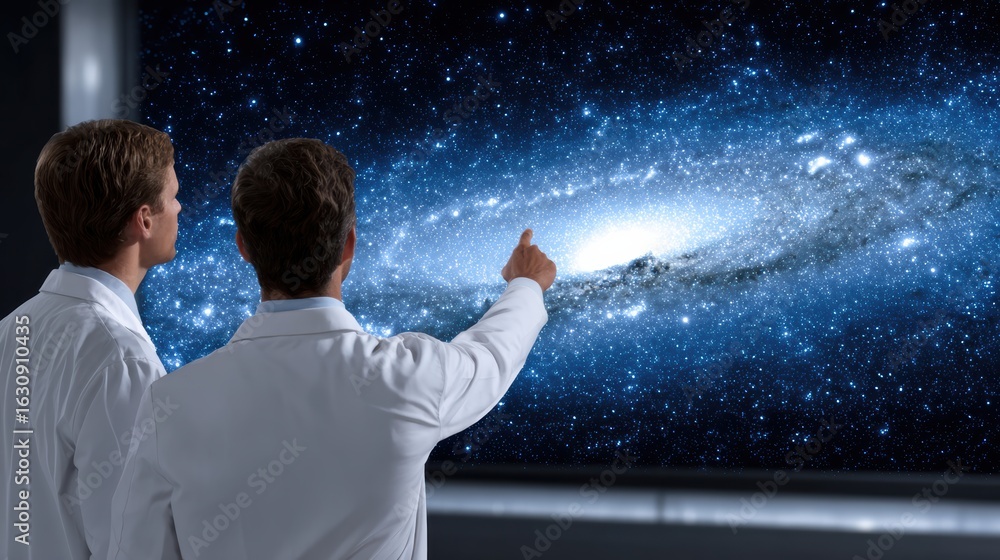 Poster two scientists observe and point at a stunning galaxy display, highlighting the wonders of space and