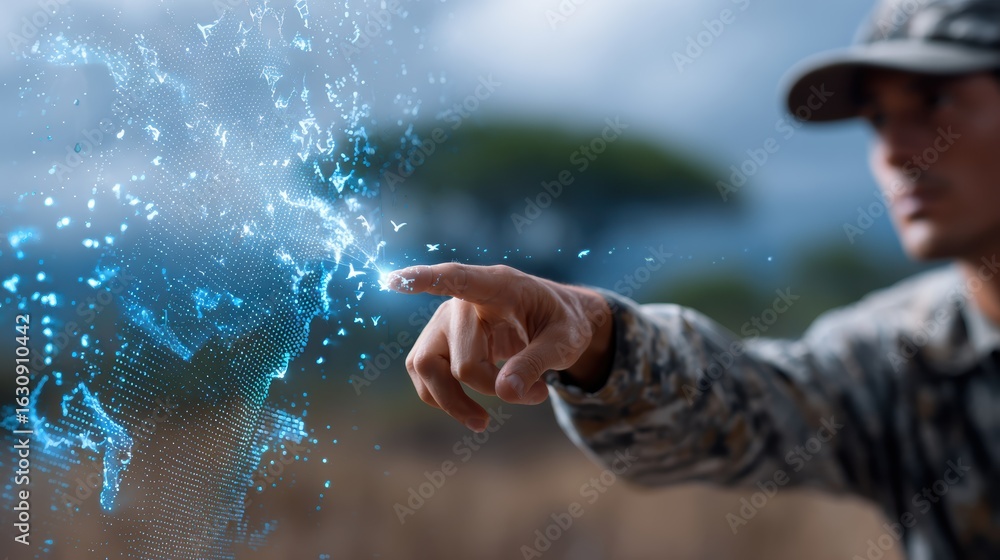 Aufkleber a person interacts with a digital map projection, showcasing technology blending with nature in a dy