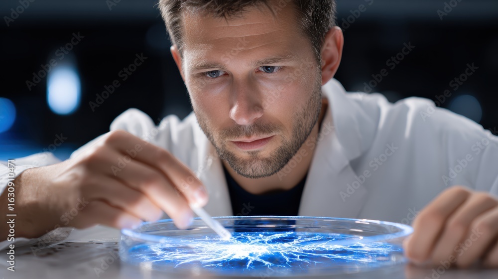Poster a scientist conducts an experiment, observing electric patterns in a petri dish while demonstrating 