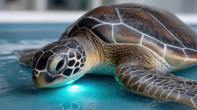 A close-up of a sea turtle resting in tranquil water, showcasing its intricate shell patterns and serene expression.