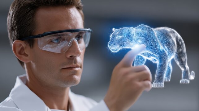 A scientist interacts with a holographic animal, showcasing advanced technology and innovation in a futuristic lab setting.
