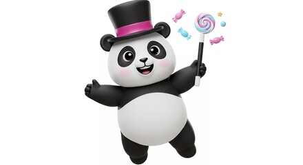 Cartoon panda character with magic wand and candy