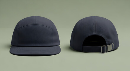 Blank navy blue five-panel cap mockup template from front and back view.