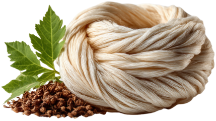 Natural Fiber Composition: Close-up of a raw, textured bundle of natural fiber, complemented by a sprig of green foliage and scattered seeds, representing the essence of natural materials.