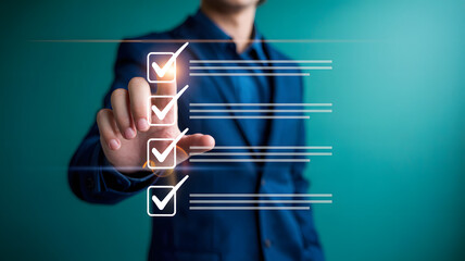 Man checking off tasks on a futuristic digital to-do list interface