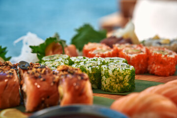 A Vibrant Assortment of Sushi Delicacies Showcasing Fresh Ingredients and Artistic Presentation in a Coastal Setting