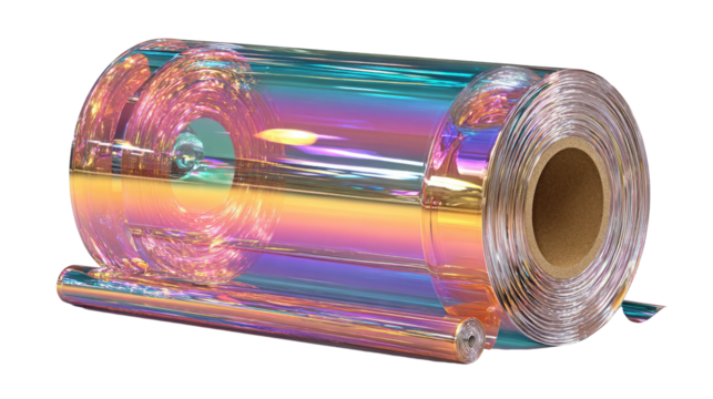 Iridescent Film Roll: An image showcasing a roll of shimmering, iridescent film, a prism of colors that catches and reflects light