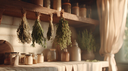 A rustic kitchen scene with herbs hanging to dry near jars filled with ingredients.