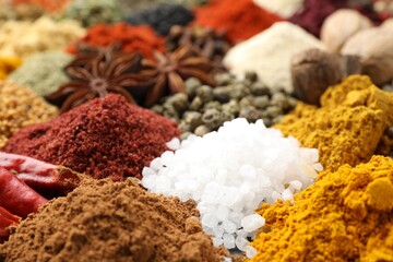 Different aromatic spices as background, closeup view
