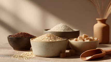 Assortment of Grains & Sugars in bowls, showcasing a variety of ingredients, in a neutral-toned setting.