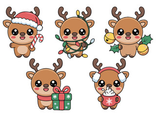 Cute Christmas Reindeer Clipart Set – Kawaii Holiday Cartoon Characters with Gifts, Candy, and Cocoa © ummemukta89ctg