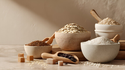 Variety of grains and sugars displayed in ceramic bowls with wooden scoops on a table with soft lighting.