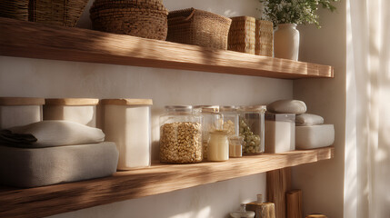 Wooden Shelves with Jars and Baskets bathed in warm natural light. Rustic and Cozy home decor.