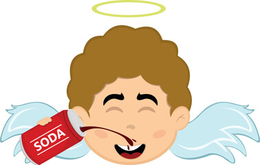 vector illustration face angel character cartoon, drinking a can of soda cola