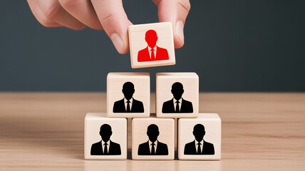 Hand selecting standout employee from team hierarchy on wooden blocks