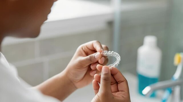 Person holding clear dental aligner in bathroom