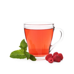 Tasty raspberry tea, berries and leaves isolated on white