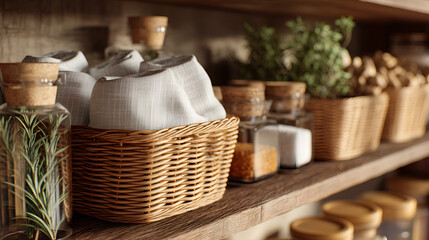 Rustic charm: wooden shelf featuring baskets, glass jars, and natural ingredients in a warm, inviting space.