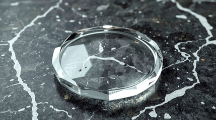 Floating Transparent Glass Circle on Wet Stone – Hyper-Realistic 8K Render with Beveled Edges, Glossy Texture, and Subtle Light Reflections in Lucid Realism Style