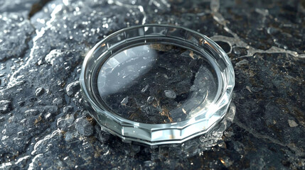 Hyper-Realistic Transparent Glass Circle – Smooth Beveled Edges on Wet Glossy Dark Stone Surface with Reflections and Clarity in Lucid Realism Style, 8K Photorealistic Render