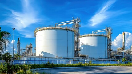 Obraz premium A view of large white industrial storage tanks with pipelines under a bright blue sky with white clouds