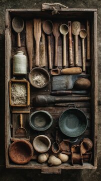 Assortment of rustic kitchen utensils and bowls.