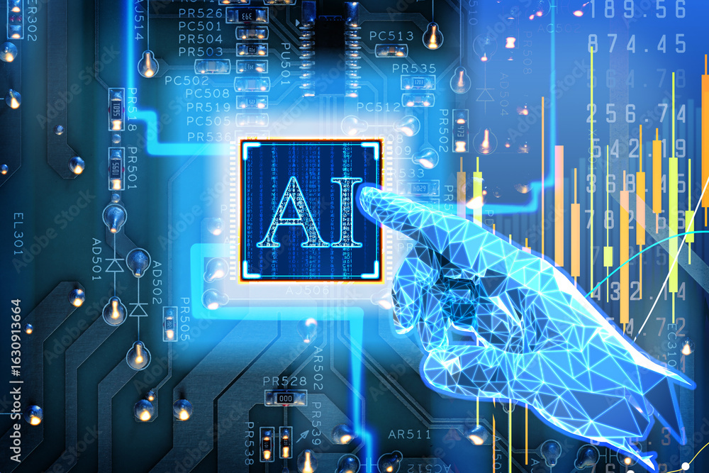 Aufkleber artificial intelligence in finance trading. poster with digital hand touching ai chip on circuit boa