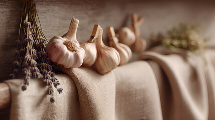 Arrangement of garlic bulbs and dried herbs on textured fabric in a rustic, natural light setting.