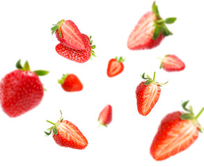 Yummy fresh strawberries swirling in air against white background