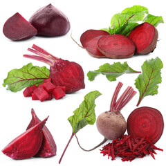 Fresh beets and green leaves isolated on white, set