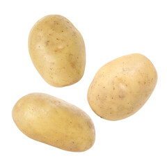 Three raw potatoes flying against white background