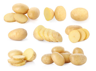 Fresh raw potatoes isolated on white, set. Whole and sliced