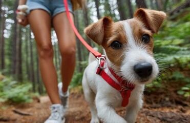 Close-up of a woman walking with a dog on a leash in a forest, wearing a red collar and holding a bag while standing outdoors in a park