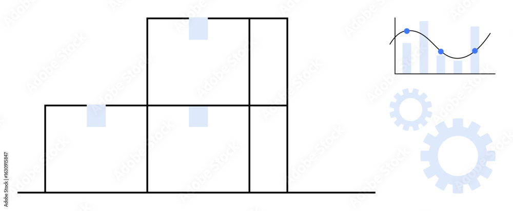 Poster simplified grid structure, gears, and graph design emphasizing process workflows, automation, and da