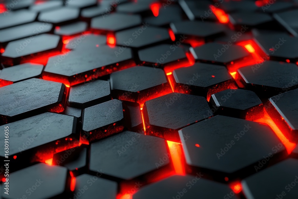 Poster close up abstract view of a dark textured hexagonal grid with glowing red lava flowing through the c