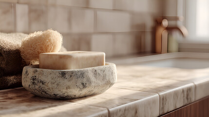 Soap, loofah, and towel in a stone bowl on a tiled bathroom counter with sunlight. Bathroom still life.