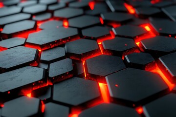 Close up abstract view of a dark textured hexagonal grid with glowing red lava flowing through the cracks and crevices