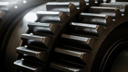 Close-up of gears, machine metal parts in manufacturing details